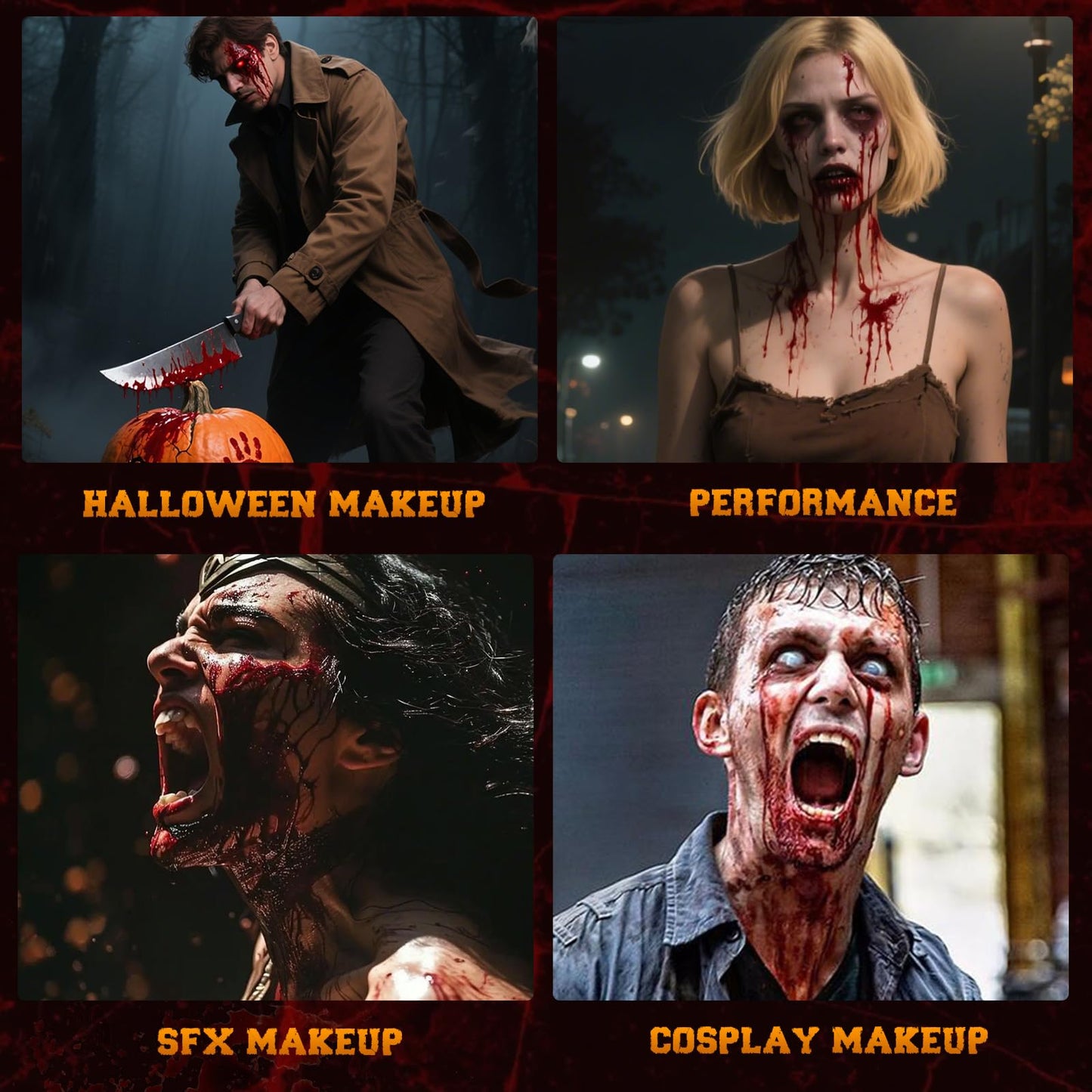 MEICOLY 5PCS Halloween Fake Blood Makeup Kit,Special Effects SFX Makeup for Zombie Vampire Monster Cosplay,2.1oz Fake Blood Spray+2.1oz Dripping Blood+Coagulated Blood+Cleansing Soap+Stipple Sponge