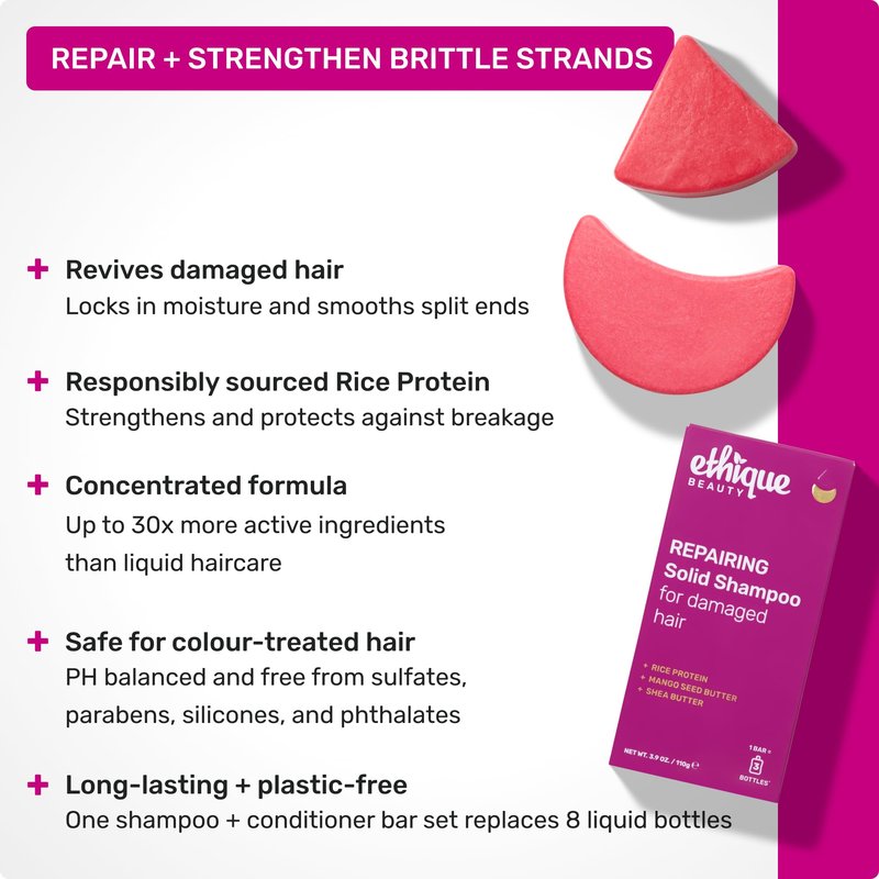 Ethique Repairing Conditioner Bar for dry, damaged hair with Rice Protein - Plastic Free, Vegan, Cruelty-Free, 2.12 oz - Formerly Too Delicious