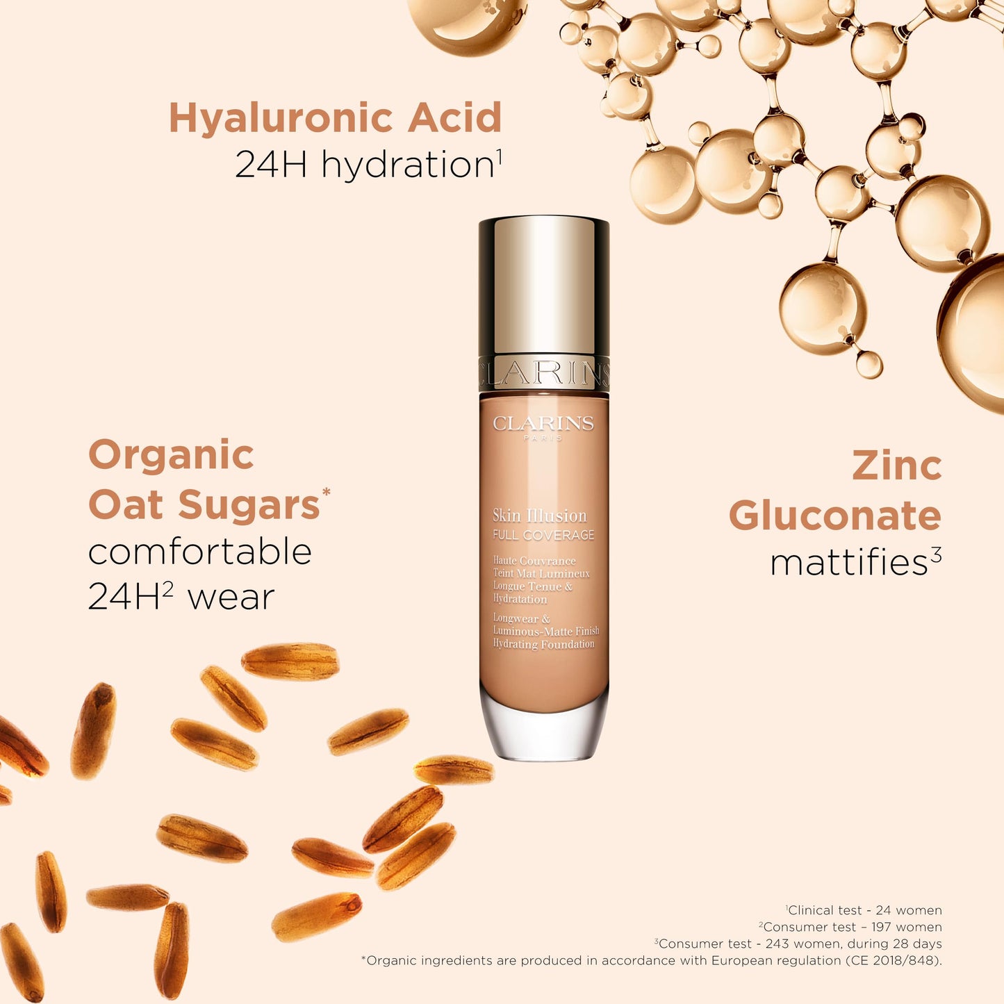 Clarins Skin Illusion Longwear Full Coverage Foundation|Luminous Matte Finish|24H Hold and 24H Hydration|Natural Looking|Transfer, Sweat and Smudge Proof| Contains Hyaluronic Acid|1 Fl Oz, 111N