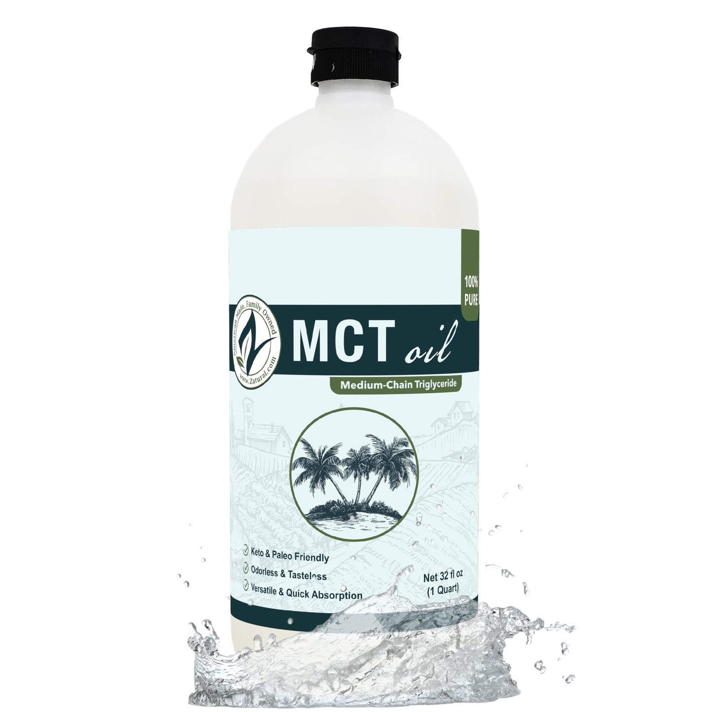 Pure MCT Oil, Carrier, Massage, Hydrating for Hair, Food, and Therapeutic Grade, 32 Oz