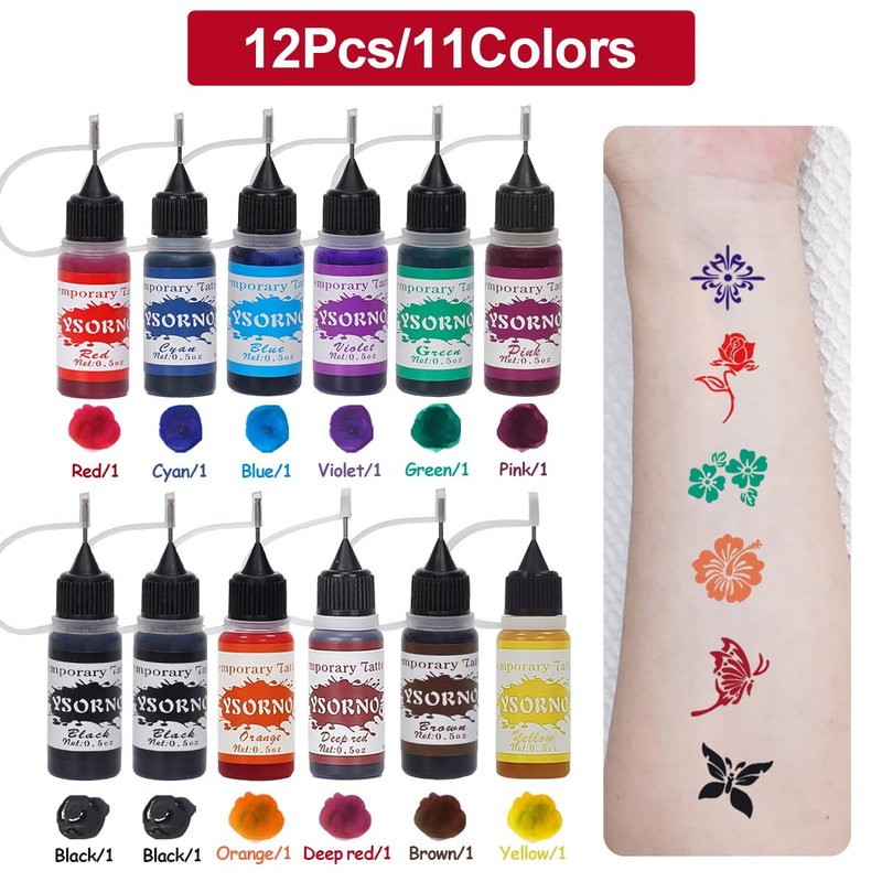 Temporary Tattoo Henna Kit Safe & Easy Fake 12 Bottles 11 Colors Ink 18 Big Pcs Stencils for Adults/Kids-fake tattoos (Black×2, Red, Green, Purple, Orange, Navy Blue, Brown, Pink, Grey, Yellow)