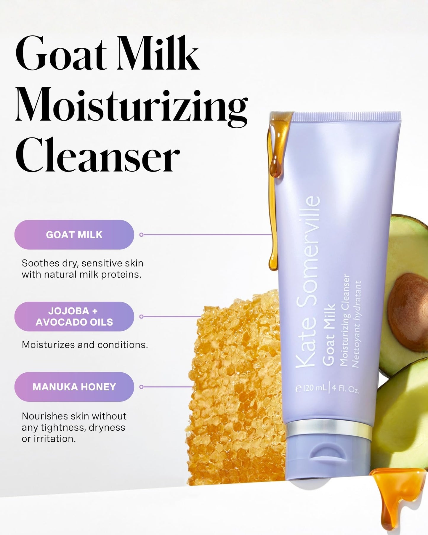 Kate Somerville Goat Milk Moisturizing Cleanser - Gentle Daily Face Wash for Sensitive Skin, Relieves Dry Skin & Tightness, 4 Fl Oz