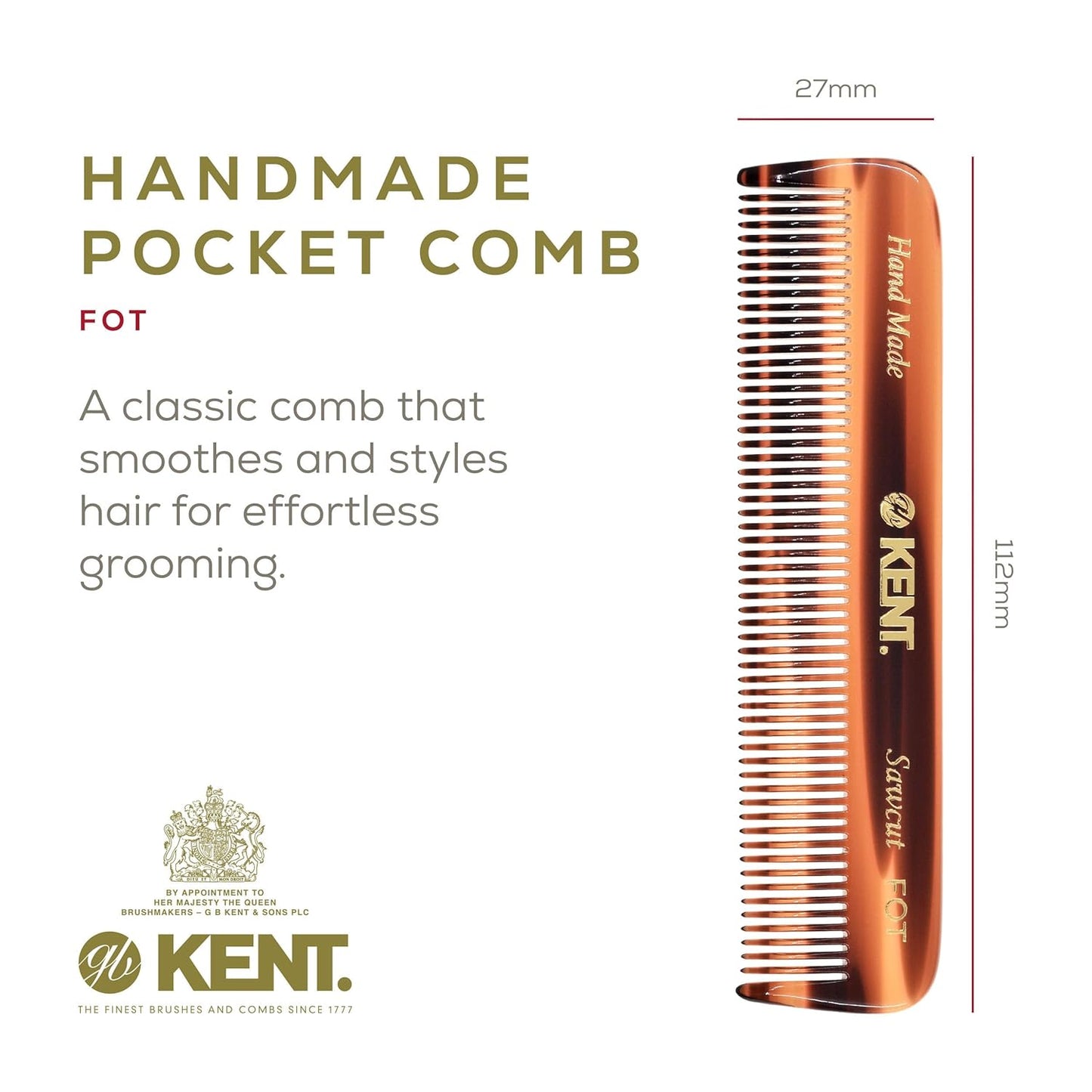 Kent FOT Tortoise Fine Tooth Comb - Handmade Pocket Comb for Men | Travel, Styling, Beard Care