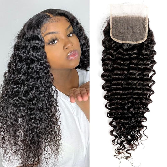 Transparent HD Lace Closure Deep Wave Invisible Ultra-thin 4x4 Closure Brazilian Raw Virgin Human Hair Natural Black (4x4 Lace Closure, 14 Inch)