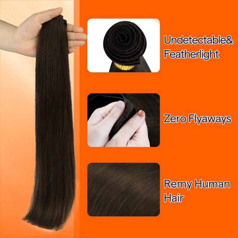 Full Shine Hand Tied Weft Hair Extensions for Fashion Women Sew in Human Hair Straight Remy Weft Extensions Remy Human Hair Full Head Dark Brown 50 Gram 18 Inch