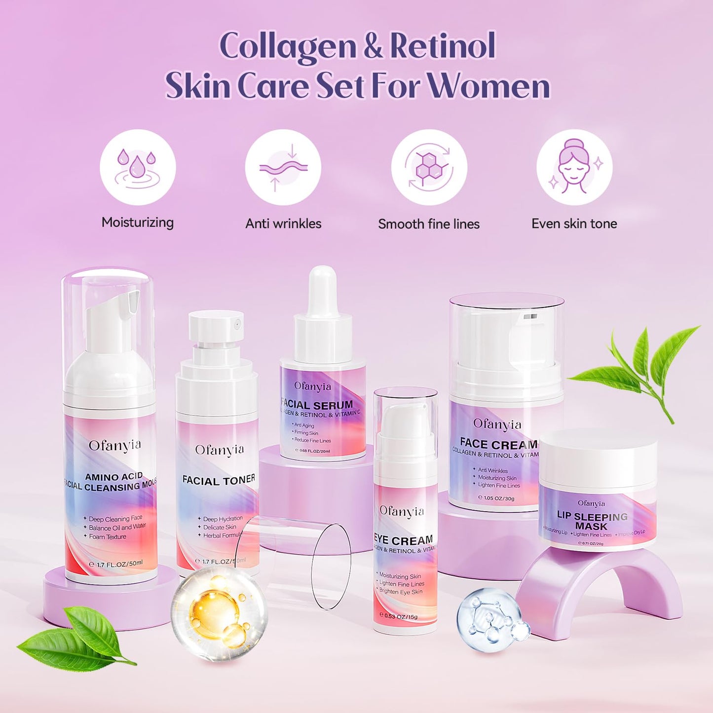 Collagen Retinol Skincare Set, 6 Pcs Anti-Aging Skin Care Set with Hydrating Cleanser, Eye Cream, Toner, Cream & Lip Mask, Facial Kit for Women, Birthday Gift for Her