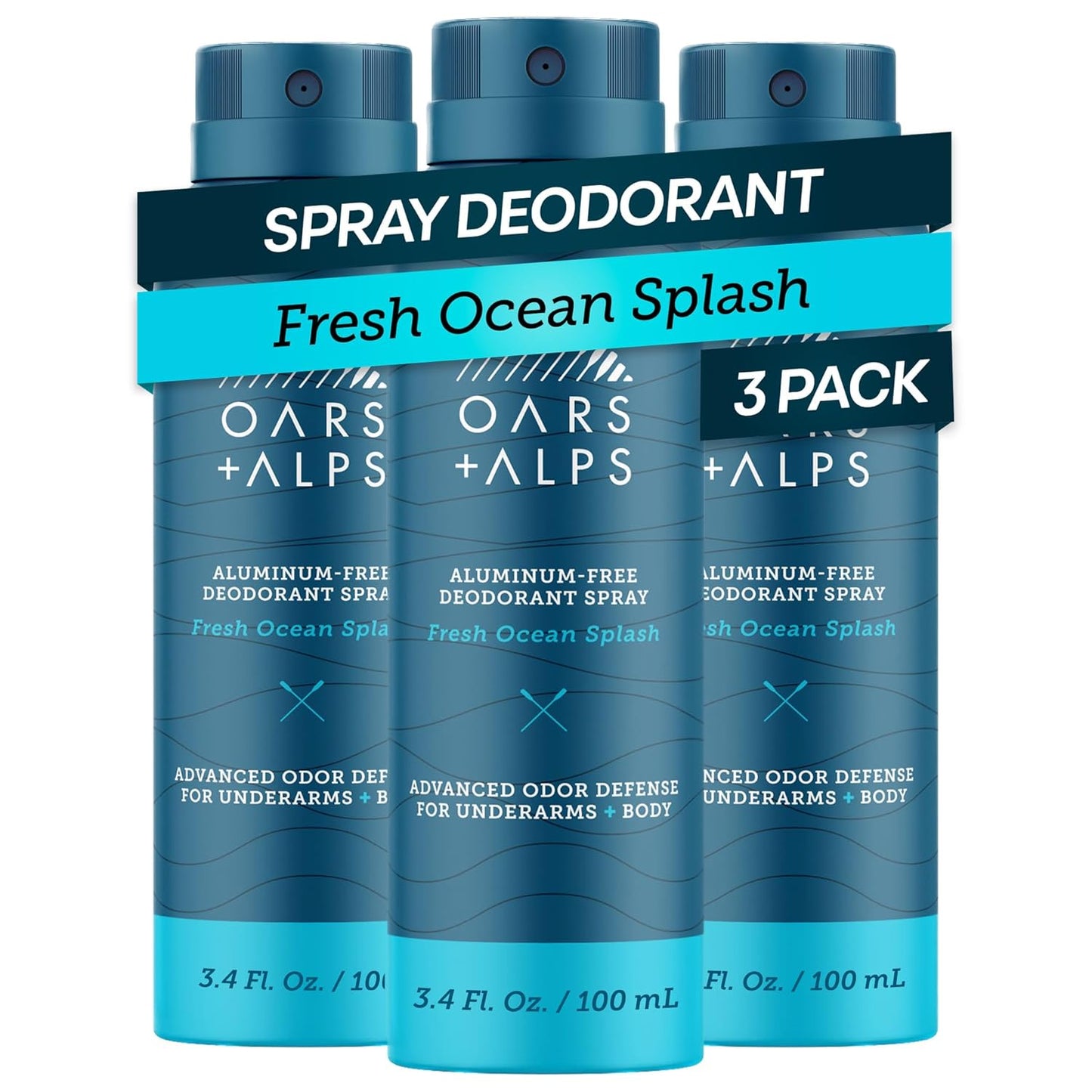 Oars + Alps Full Body Deodorant Spray - Aluminum-Free, Extra Strength, Long-Lasting Odor Protection | Fresh Ocean Splash, Travel Size (3-Pack)