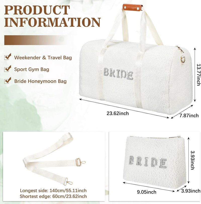 Bride Travel Bag Set - Plush Weekender Bag with Shoes Compartment & Makeup Pocket | Perfect Bridal Shower Gift