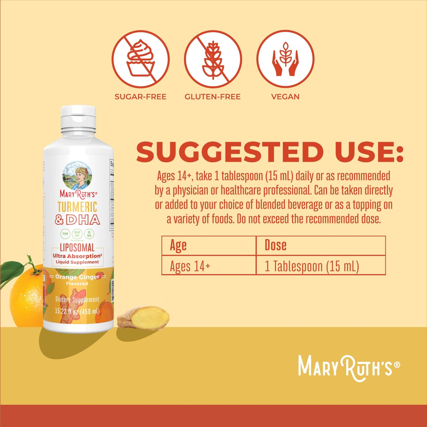 MaryRuth’s Turmeric & DHA Liposomal | Enhanced Absorption | Turmeric Curcumin Supplement 520mg for Joint Health & Cognitive Health | Curcumin | Ginger Root Oil | Omega-3 DHA | Sugar Free | 15.22 oz