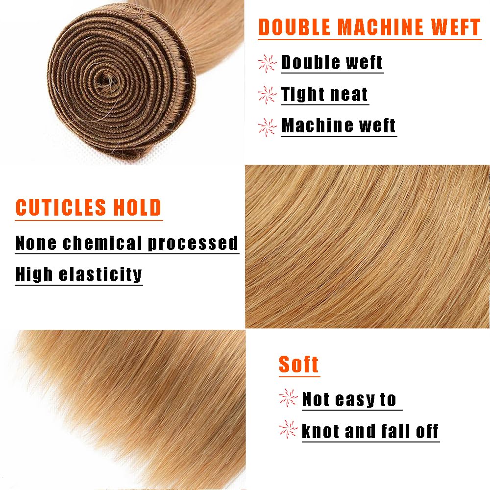 Honey Blonde Human Hair Bundles 16 18 20 Inch Straight Bundles Human Hair Unprocessed Native Virgin Hair 100/PC 3 Extensions #27 Blonde Color Wet and Wavy Human Hair Extensions for Women