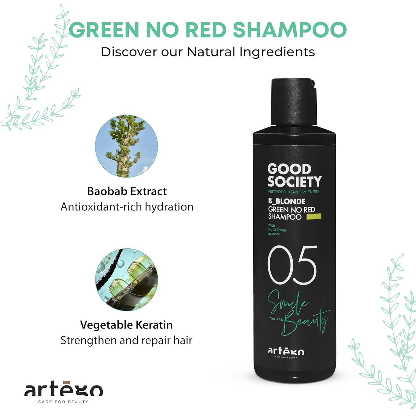 Artègo B_Blonde Green No Red Shampoo - Tone Neutralizing for Blonde, Brunette, & Bleached Hair | 8.5 fl oz