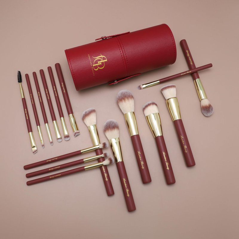 Anactoro Beauty Travel Makeup Brush Set, 16 Professional Vegan Matte Wood Handle Red Gold Makeup Brushes Set and 2 Makeup Sponges, ON-THE-GO Make up Brushes Set with Case (Red)