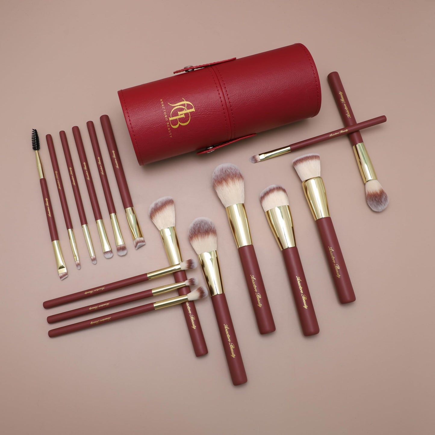 Anactoro Beauty Travel Makeup Brush Set, 16 Professional Vegan Matte Wood Handle Red Gold Makeup Brushes Set and 2 Makeup Sponges, ON-THE-GO Make up Brushes Set with Case (Red)