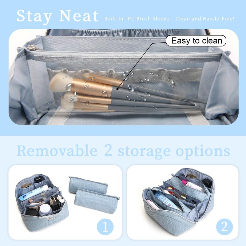 BOYATU Travel Makeup Bag Cosmetic Bags for Women: Large Capacity 3 Pcs Set Make up Bag with Compartments - Waterproof Vegan Leather Toiletry Organizer Bags with Handle (L04 Light Blue)