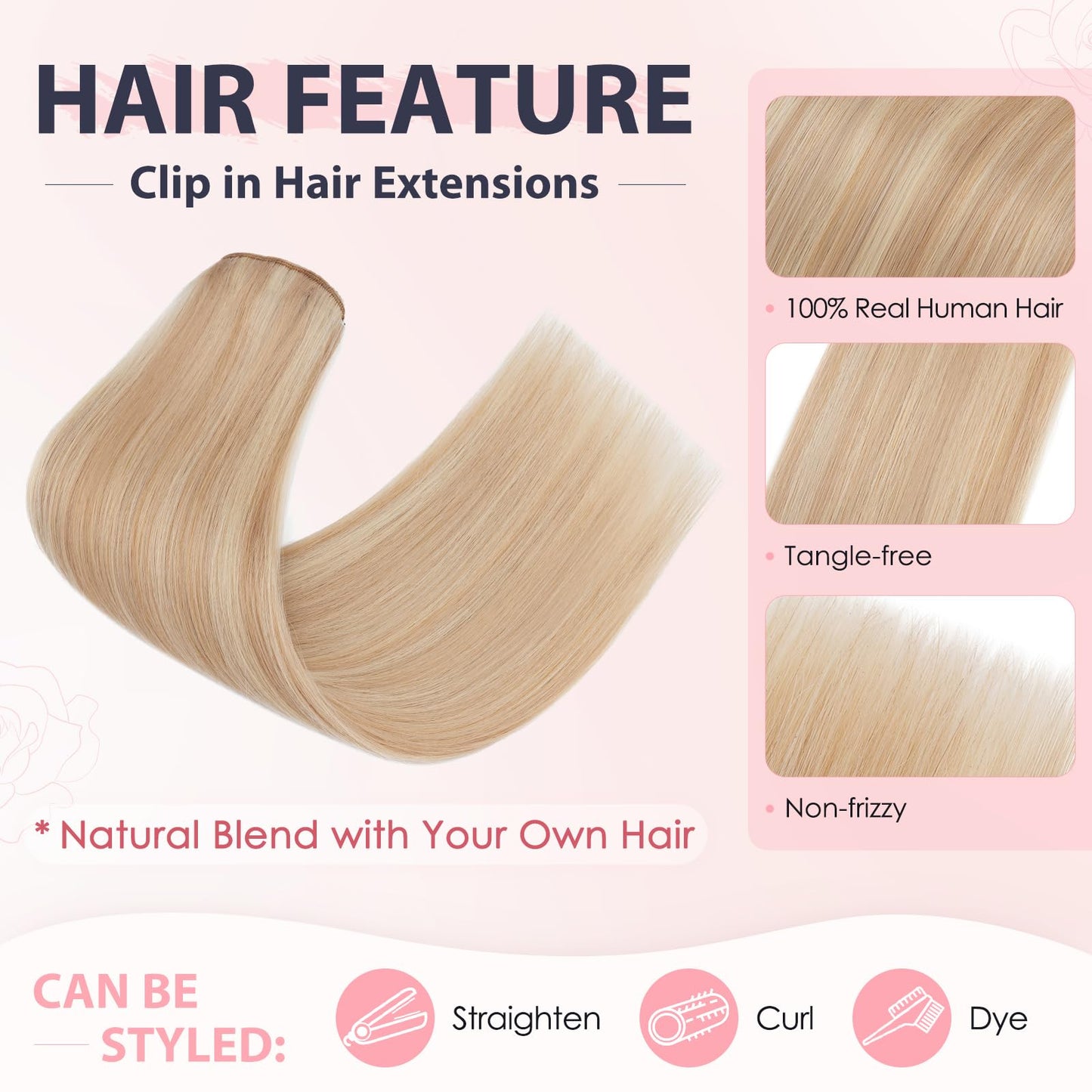 TESS 3 PCS Hair Extensions Clip ins Real Human Hair Straight Hair Extension for Women Soft Lace Wefts Invisible Clip in 16 Inches Camel Mixed Light Gold