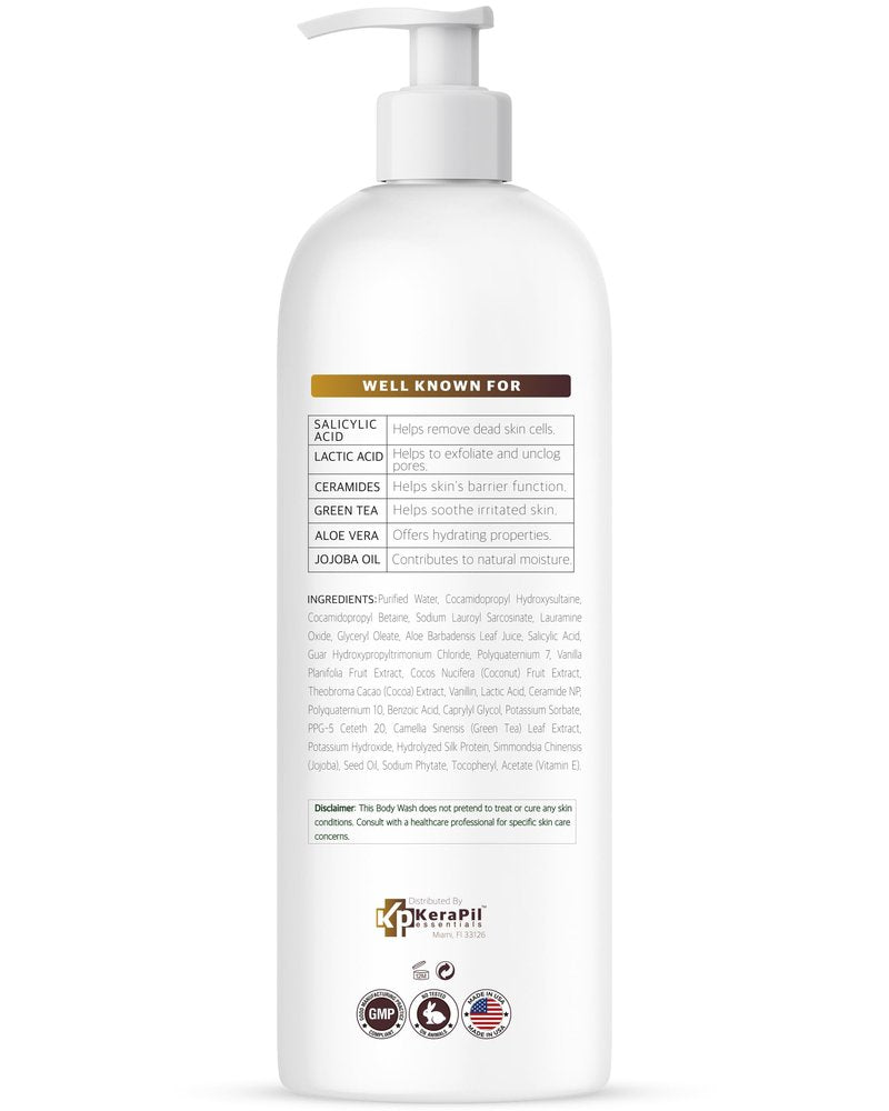 KERAPIL Exfoliating Body Wash with Salicylic Acid - No Dry Out, Gentle Exfoliates Rough and Bumpy Skin, Body Acne Wash, BHA & AHA - Coconut and Vanilla with Salicylic Acid - (16 fl oz)