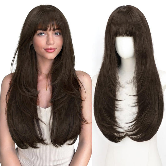 ALXNAN Hair Toppers For Women with Thinning 3D 360°Cover,26Inch Mocha Brown Long Straight Layered Clip In Synthetic hair topper with Bangs