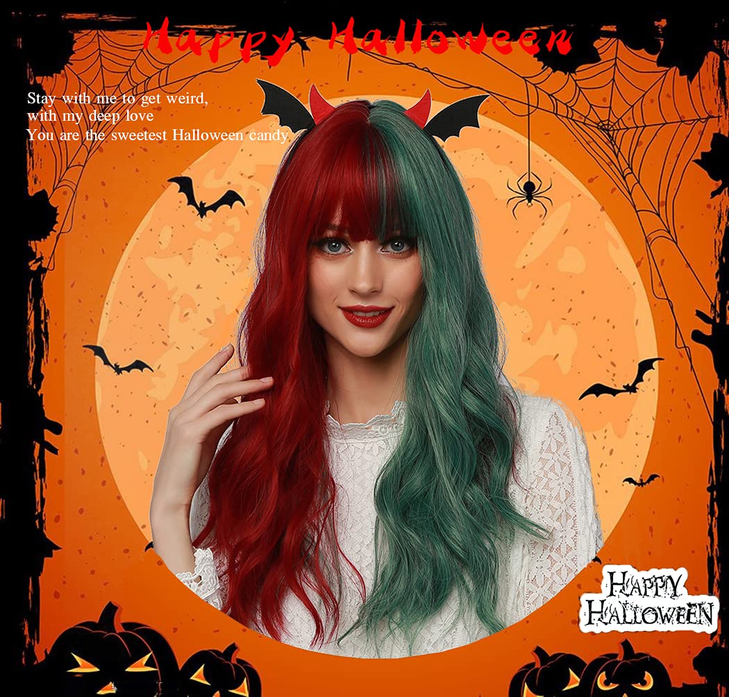 OUFEI Long Wavy Half Red Half Green Wigs with Bangs for Women Natural Synthetic Hair Heat Resistant Wig for Christmas Cosplay Party Use-22 Inches