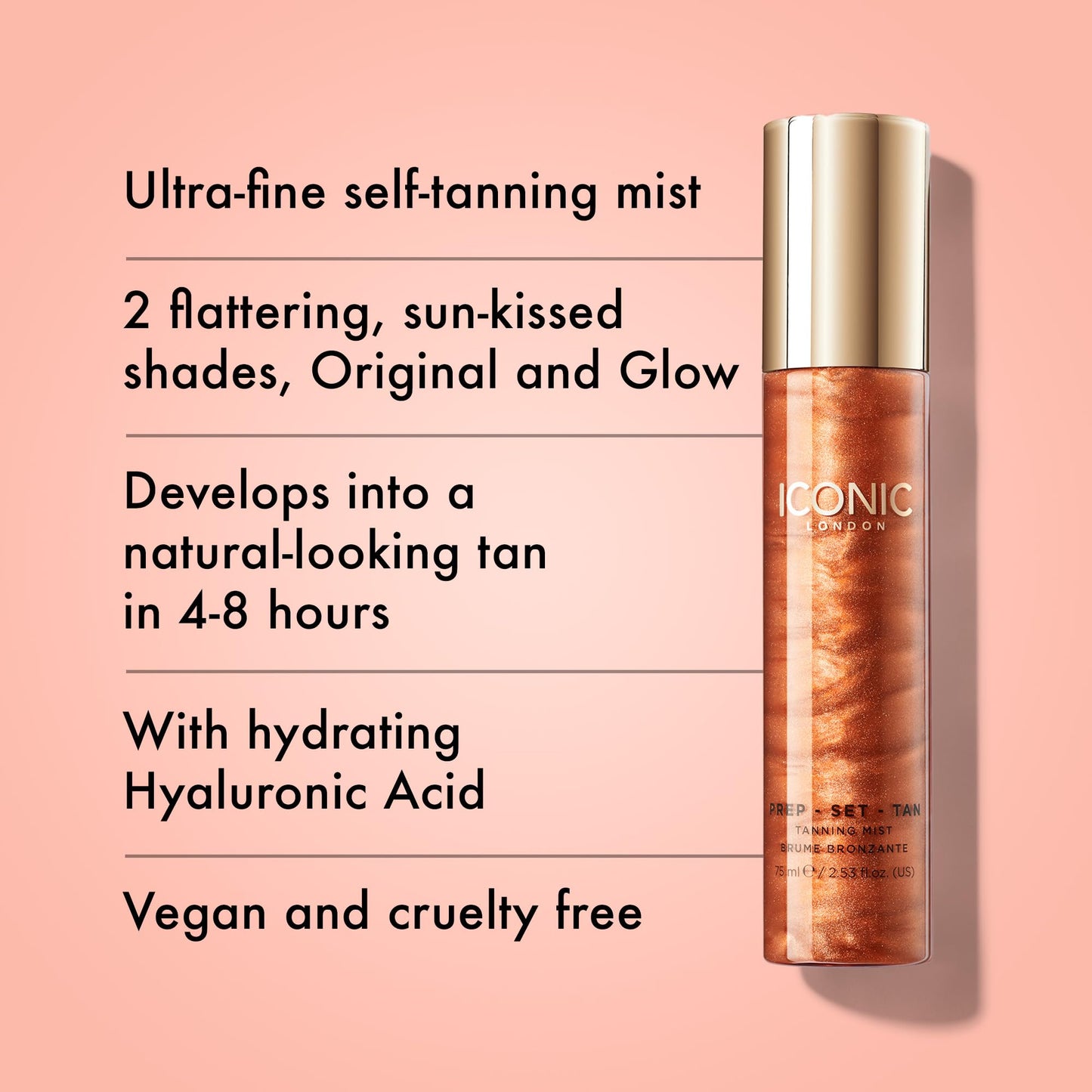 ICONIC LONDON Prep-Set-Tan Glow | Shimmering Self Tanning Facial Mist with Hyaluronic Acid, Cruelty-Free, Vegan Makeup, 2.53 Fl oz