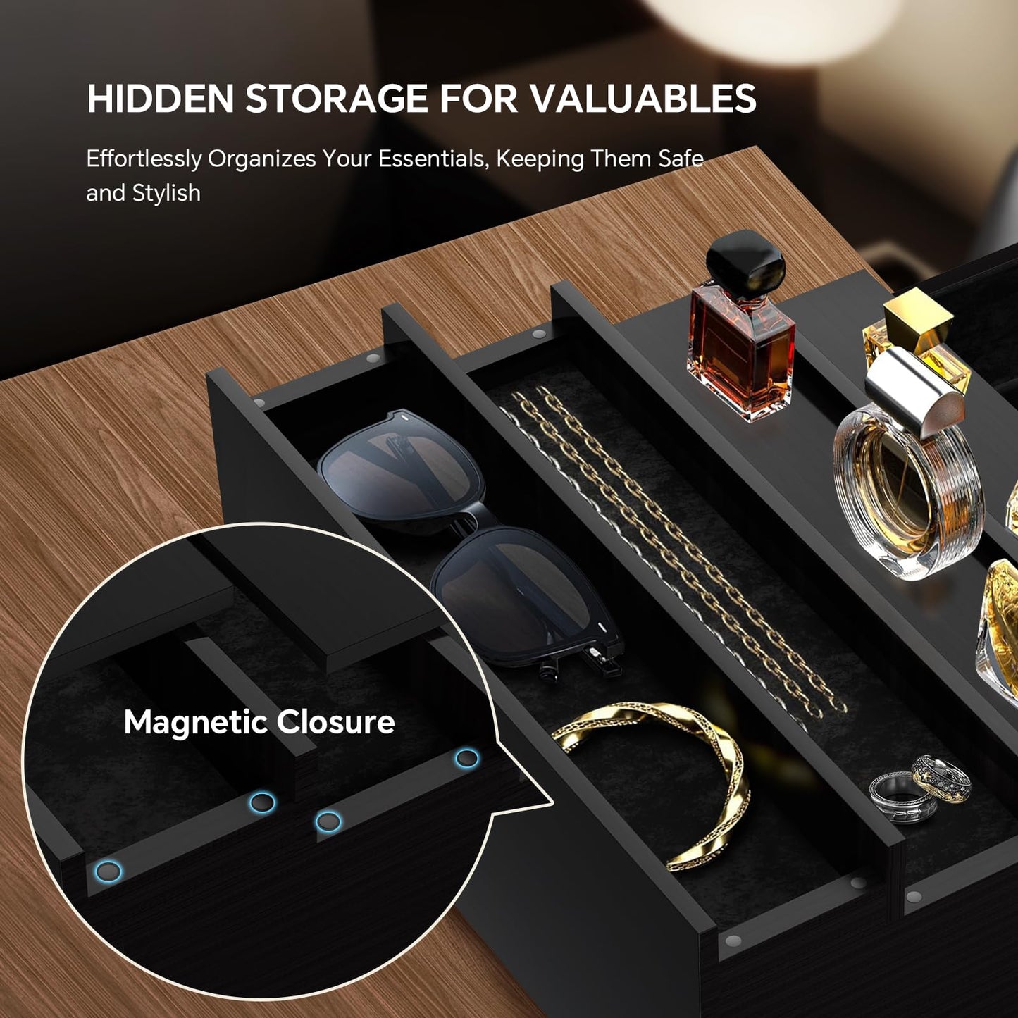 KISENG Cologne Organizer for Men, 4 Tier Cologne Stand with Drawer, Perfume Holder with Hidden Compartment, Fragrance Stand Shelf A Great Gift for Man, Black