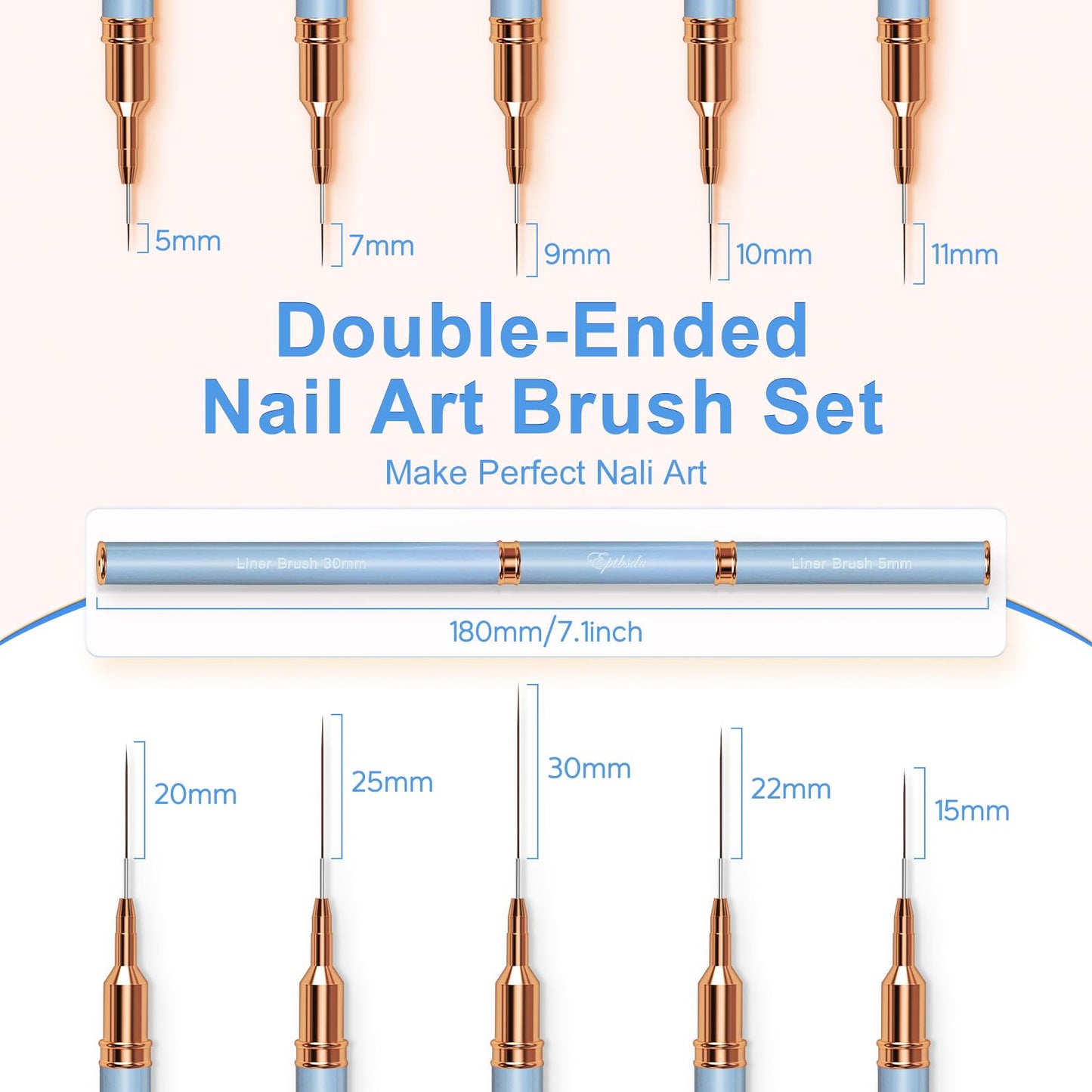 Nail Art Brushes, Double-Ended 10PCS Head Long Nail Art Liner Brushes Nail Design Brushes for Long Lines,Tiny Details,Fine Drawing Nail Brushes for Nail Art,Sizes 5/7/9/10/11/15/20/22/25/30