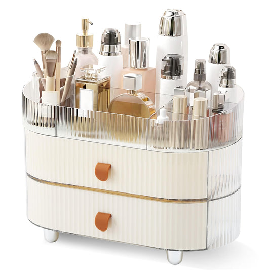Ruiqas Makeup Organizer Countertop with 2 Drawers and 1 Clear Tray Stackable Skincare Cosmetics Storage Box for Vanity and Bathroom Countertop