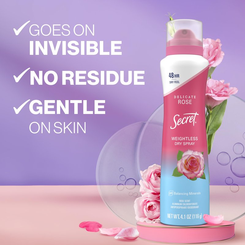 Secret Dry Spray Antiperspirant Deodorant for Women, 48hr Weightless Sweat & Odor Protection, Gentle on Skin, Delicate Rose Scent, 4.1 oz (Pack of 3)