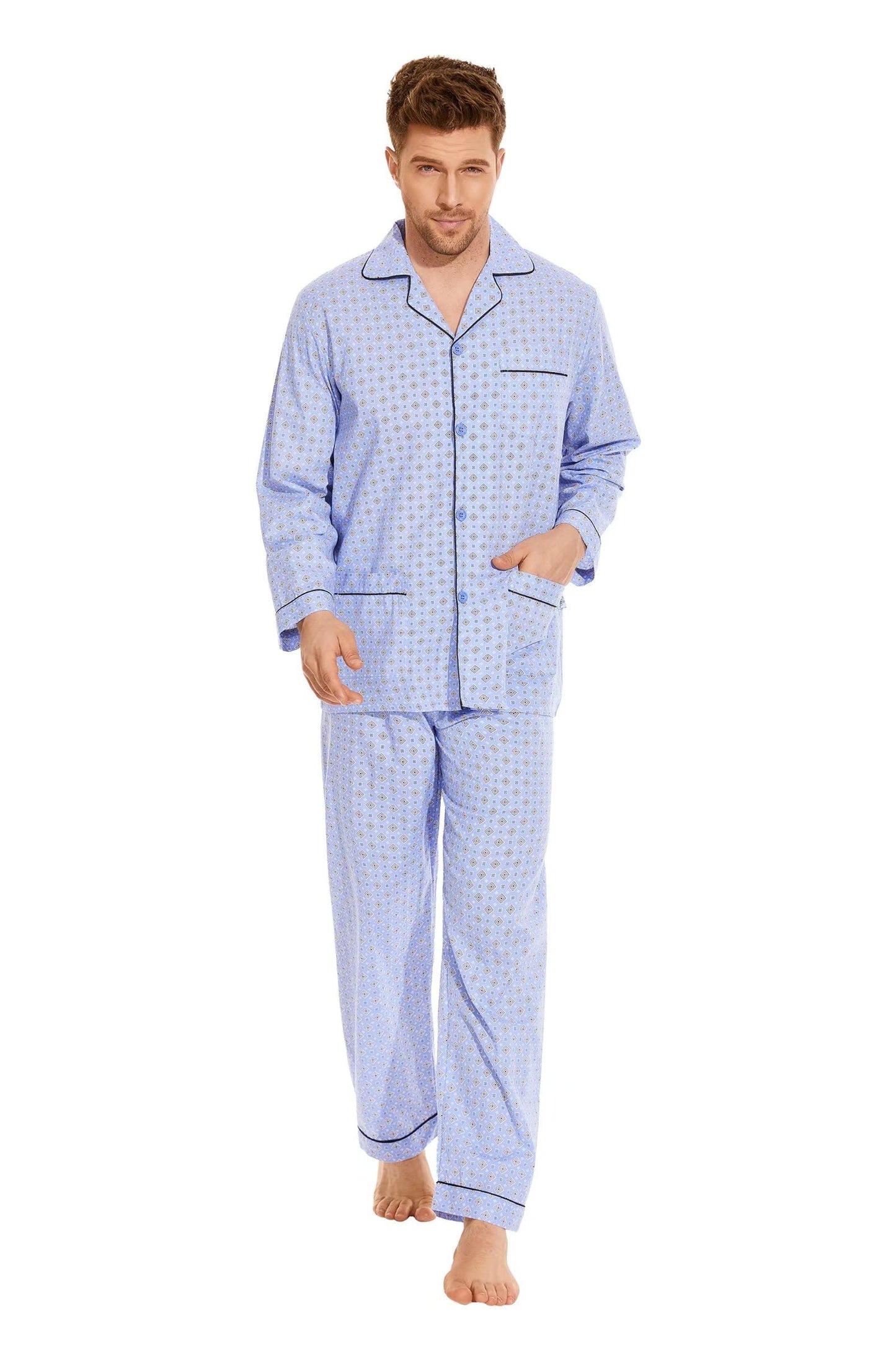 GLOBAL Mens Pajamas Set, 100% Cotton Woven Drawstring Sleepwear Set with Top and Pants/Bottoms,Medium