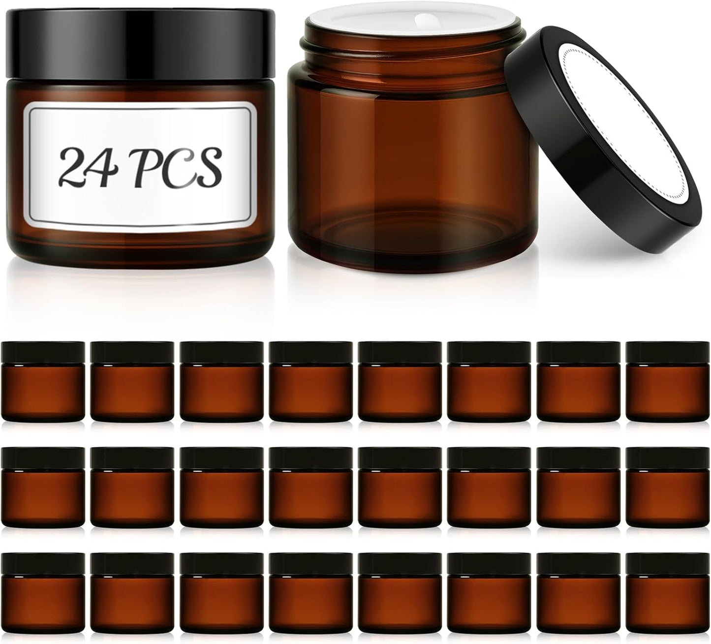 Amber Glass Cosmetic Jars - 2 oz Small Round Containers with Lids | 24 Pack for Lotion, Cream, Salve, and Ointments