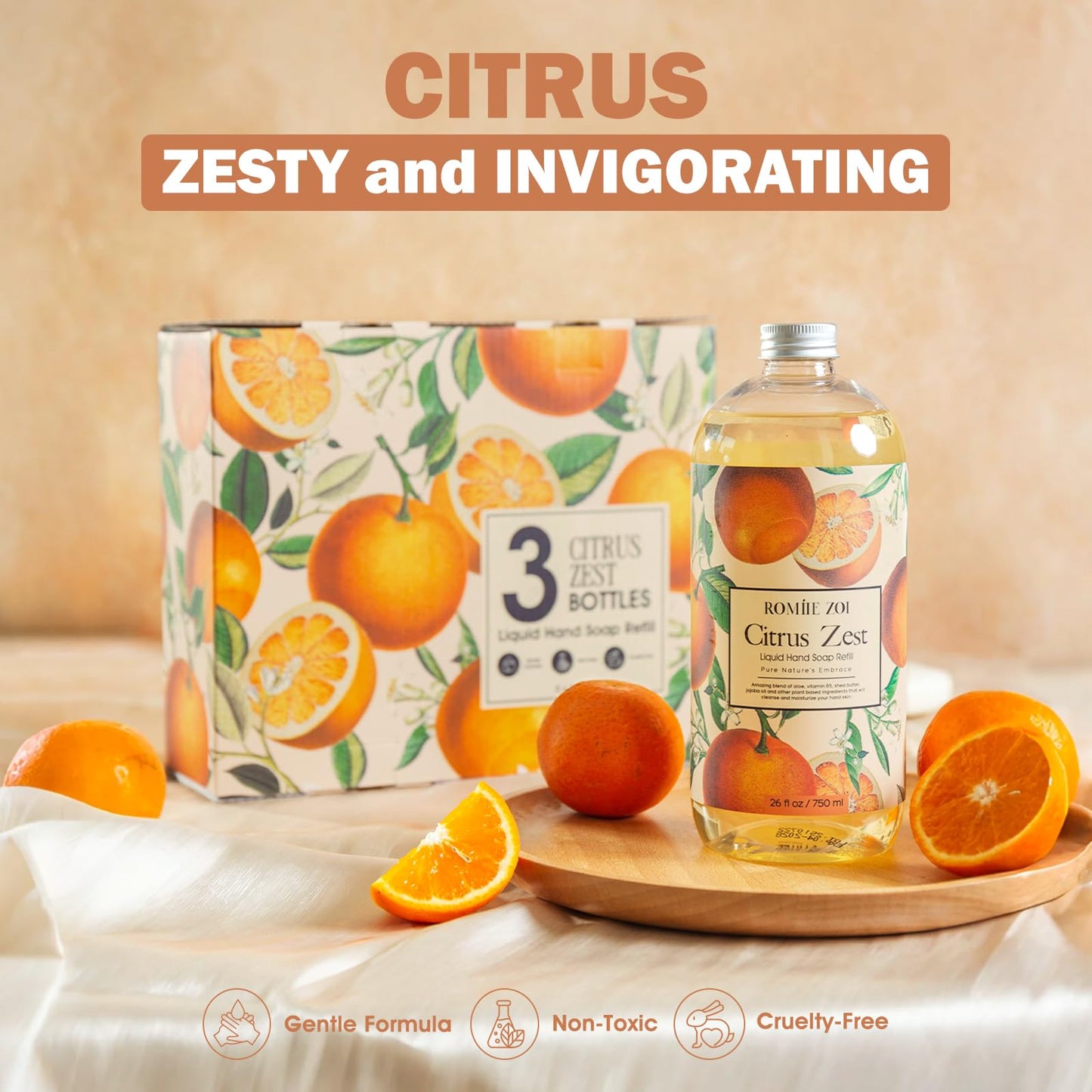 ROMIIE ZOI Liquid Hand Soap Refill Gift Set – 3 Pack (26 Fl Oz Each), Citrus Zest Scent – Moisturizing, & Cruelty-Free Formula with Essential Oils for Sensitive Skin