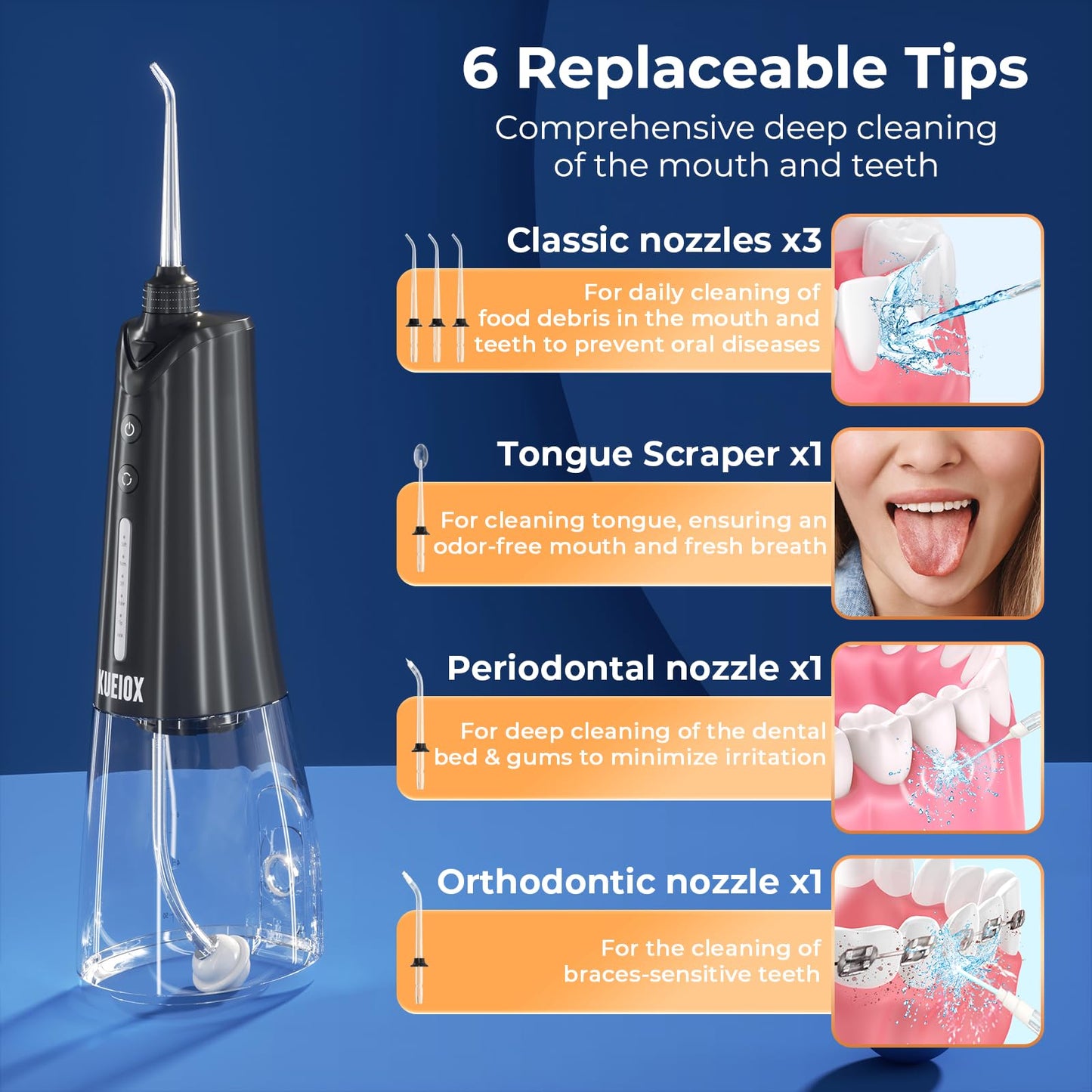 KUEIOX Electric Toothbrush with Water Cordless Flosser, 320ML Portable Travel Water Dental Flosser for Teeth with 5 Modes & 6 Jet Tips & IPX7 Waterproof for Teeth Cleaning and flossing (Black)