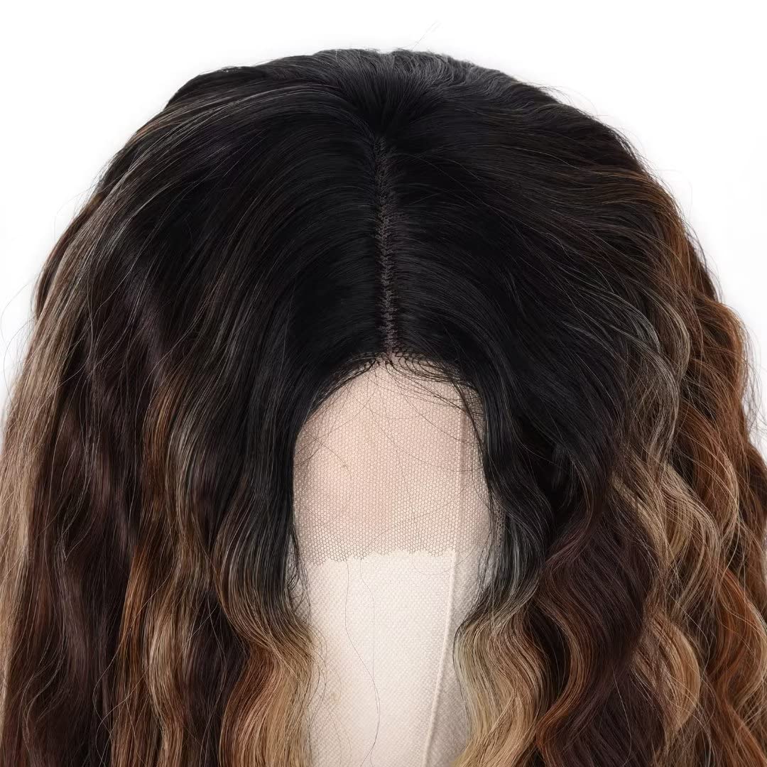 28-Inch Deep Wave Frontal Wig - Honey Blonde Ombre Synthetic Lace Front Wig for Women | Loose Curly Hair