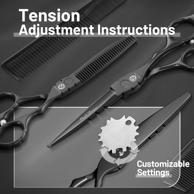 Purple Dragon Hair Cutting Shears Set - Professional 440C Barber Thinning Scissors | Black, 6 Inch