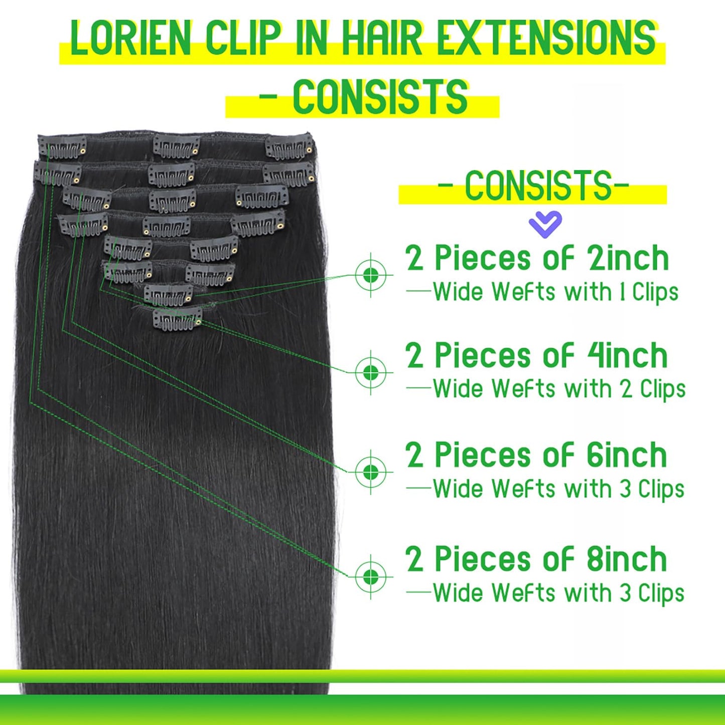 LORIEN Clip-In Hair Extensions - 100% Brazilian Remy Human Hair, 16 Inch, Jet Black, 8pcs Set with 18 Clips