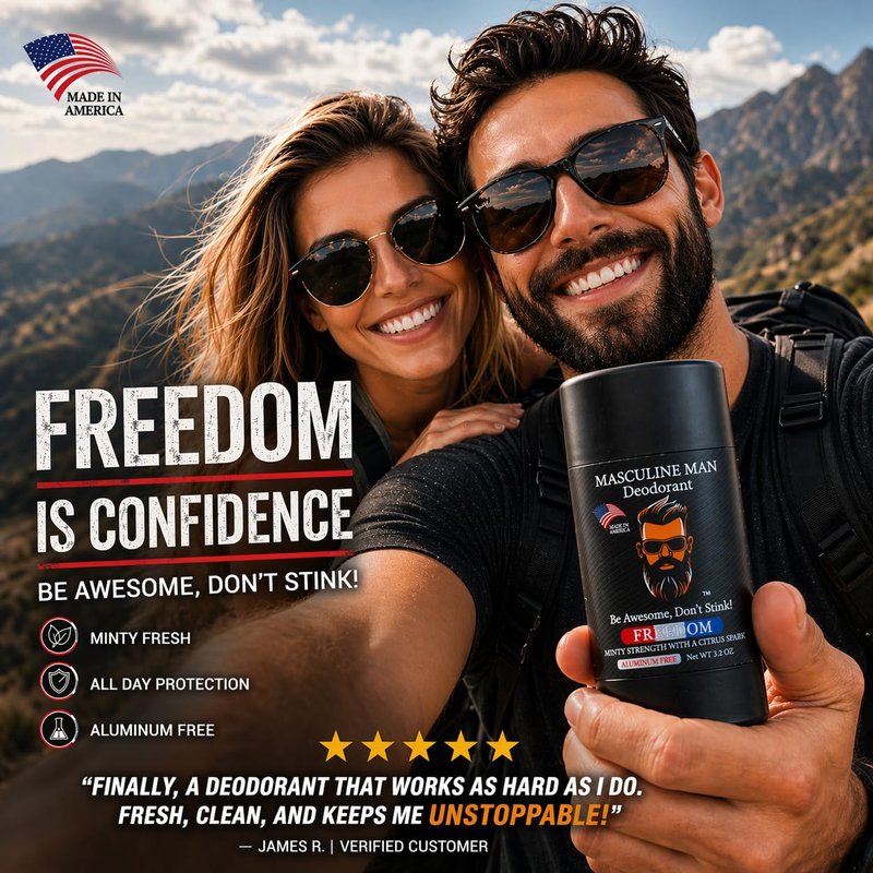MASCULINE MAN Deodorant for Men - Aluminum Free Mens Deodorant - Natural Deodorants - Sweat Protection for Underarm - Stain-Free Stick Deodorants - Made in USA, 3.2oz (Pack of 2, Freedom)