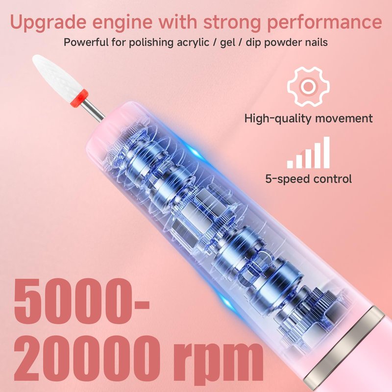 Electric Nail Filer, Professional Nail Drill Kit, Electric Nail Drill Kit, Portable File for Acrylic Gel Nails, Cordless Nail File Electric Manicure Pedicure Tools with Drill Bits for Home Salon