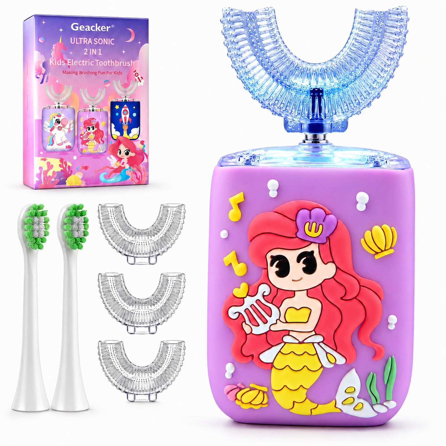 Geacker Kids Electric Toothbrush, U Shaped Toothbrush Kids Sonic Automatic Brush with 5 Brush Head 6 Sonic Clean Modes IPX7 Waterproof Mermaid Design Rechargeable Smart Timer for Children 2-7