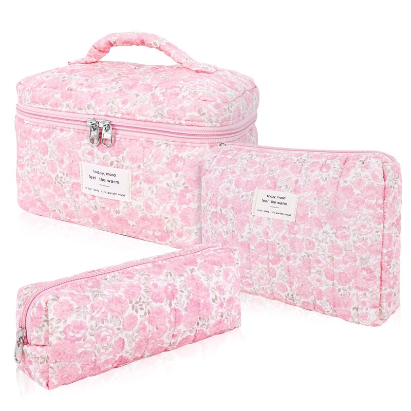 Hatende 3Pcs Cotton Quilted Makeup Bag Set,Large Floral Cosmetic Bag，Aesthetic Toiletry Travel Makeup Bag Set and Cute Flower Bag for Women Girls (Pink Flower)