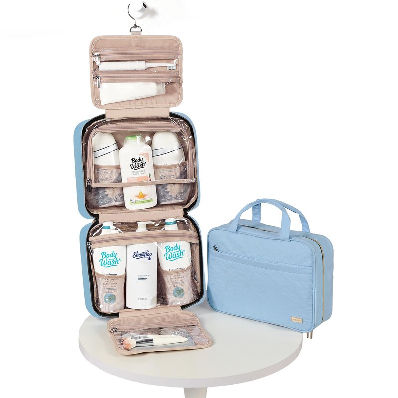 NISHEL Travel Toiletry Bag for women, Portable Hanging Organizer for Family-Sized Shampoo, Conditioner, Brushes Set, Makeup Accessories, Extra Large Size, Placid-Blue