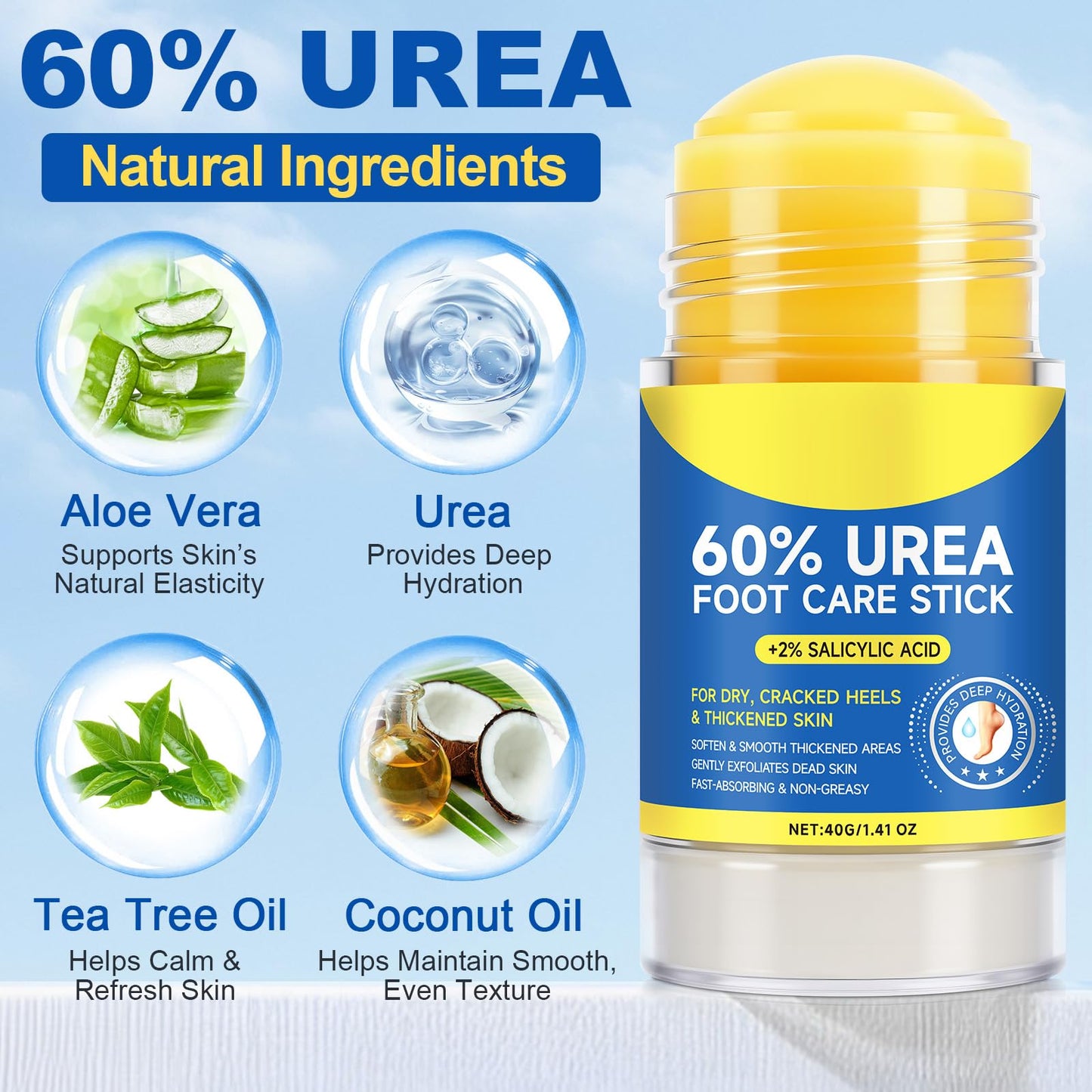 Urea Cream Stick 60% Plus 2% Salicylic Acid, Extra Strength Urea Foot Cream for Dry Cracked Heels, Callus Remover for Feet,Moisturizing Lotion for Hands, Knees,Elbows,Softens and Exfoliates Dead Skin