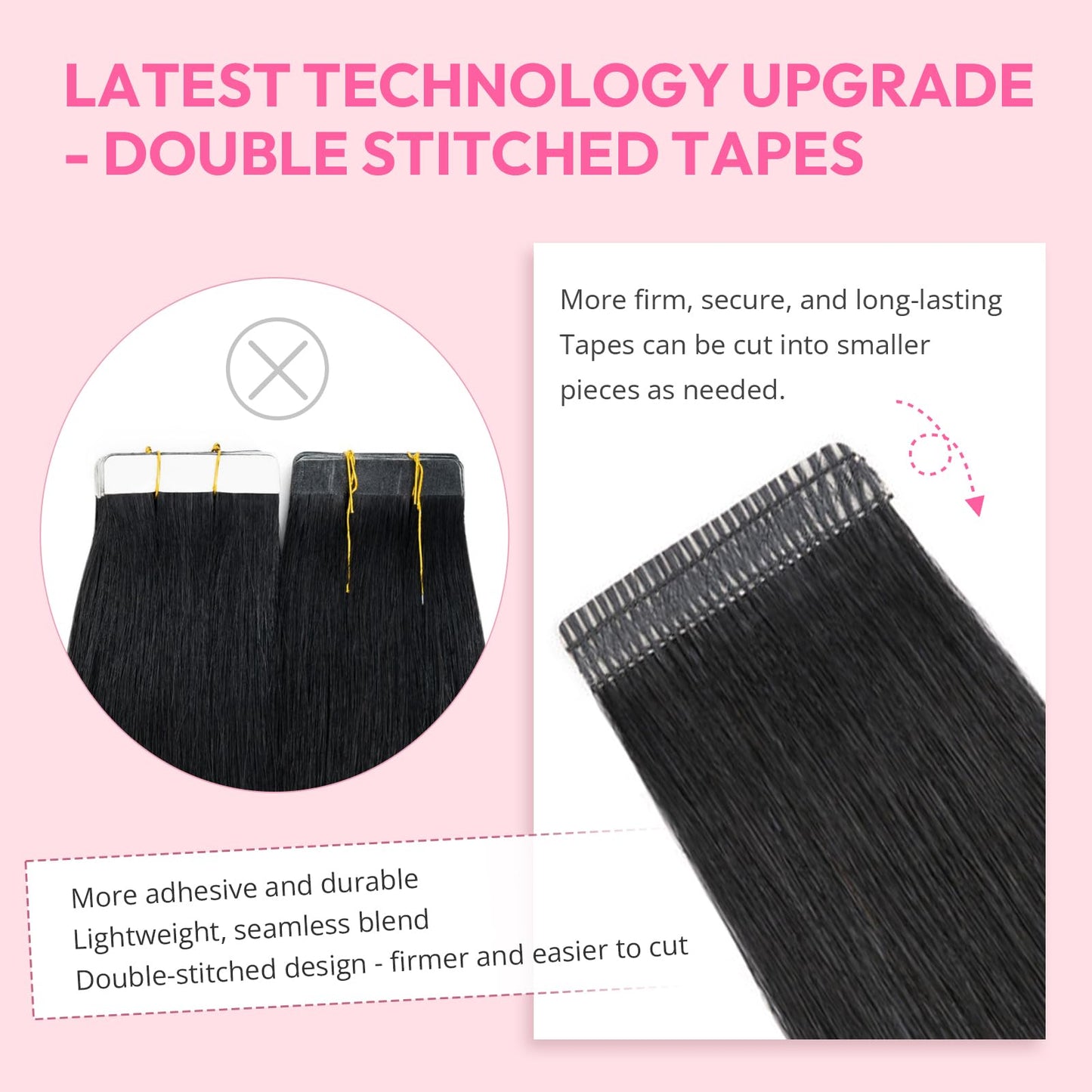 Charites Jet Black Tape in Hair Extensions Human Hair 20pcs 40g - Double Stitched Adhesive Real Human Hair Extensions - Invisible Tape ins Human Hair Extensions - 14 Inches 01#