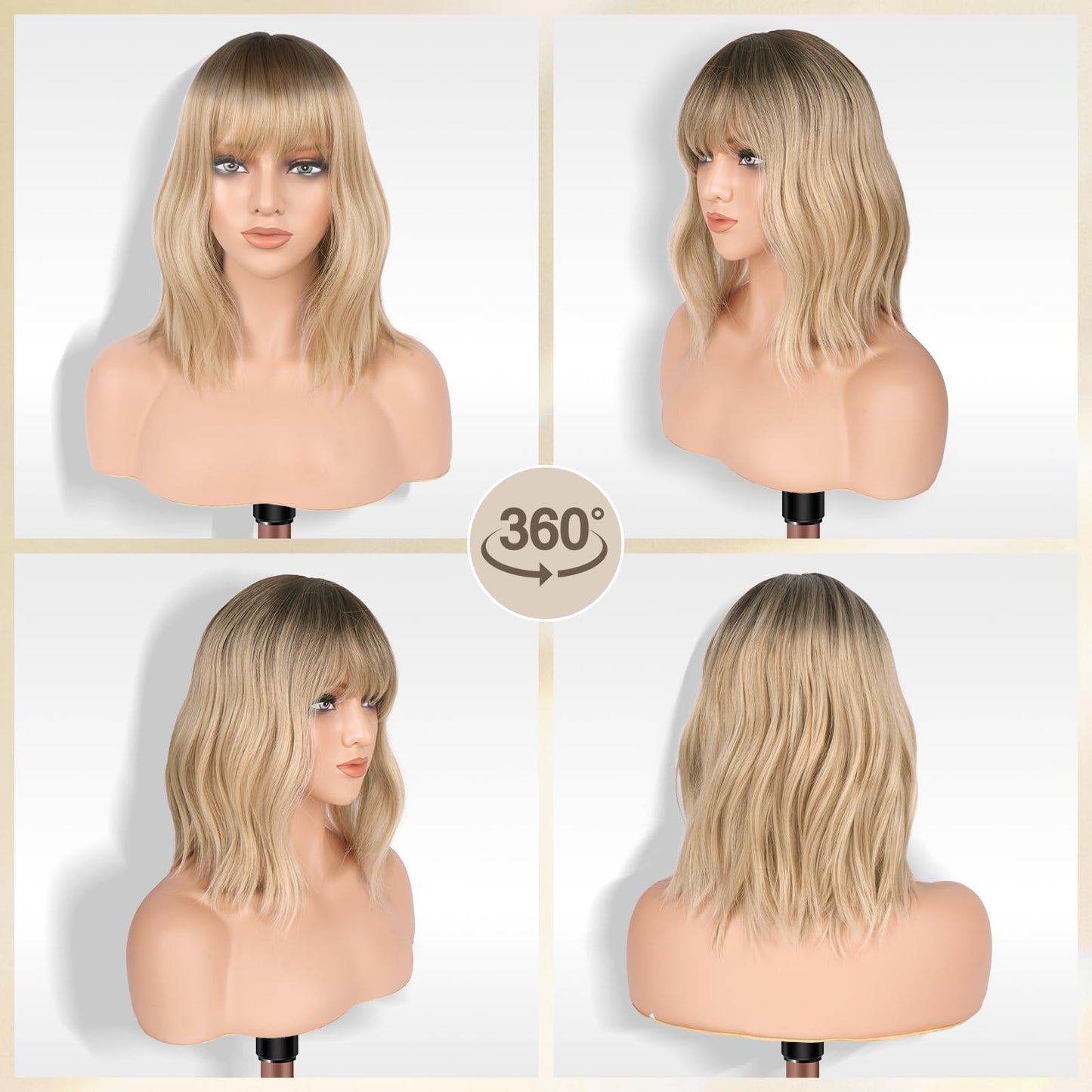 FESHFEN Shoulder Length Wigs with Bangs - Ombre Blonde Natural Looking Wavy Medium Length Synthetic Hair Bob Wig for Women Daily Party Use, 14 inch