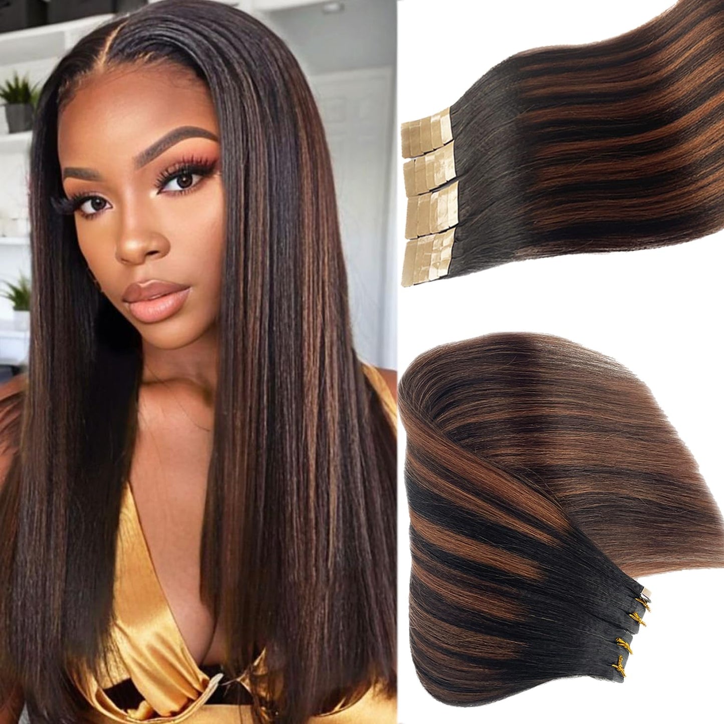 Yaki Straight Human Hair Tape in Extensions, 18 Inch Light Yaki Invisible Tape in Real Human Hair Extensions Natural Black with Chocolate Brown Highlight Seamless Brazilian Remy Extension 50G 20PCS