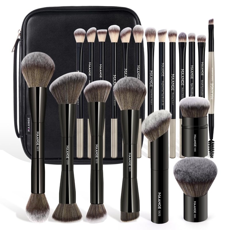 20 PCS Makeup Brush Set - Double-Ended Kabuki & Foundation Brushes | Blending Tools with Bag (Black)