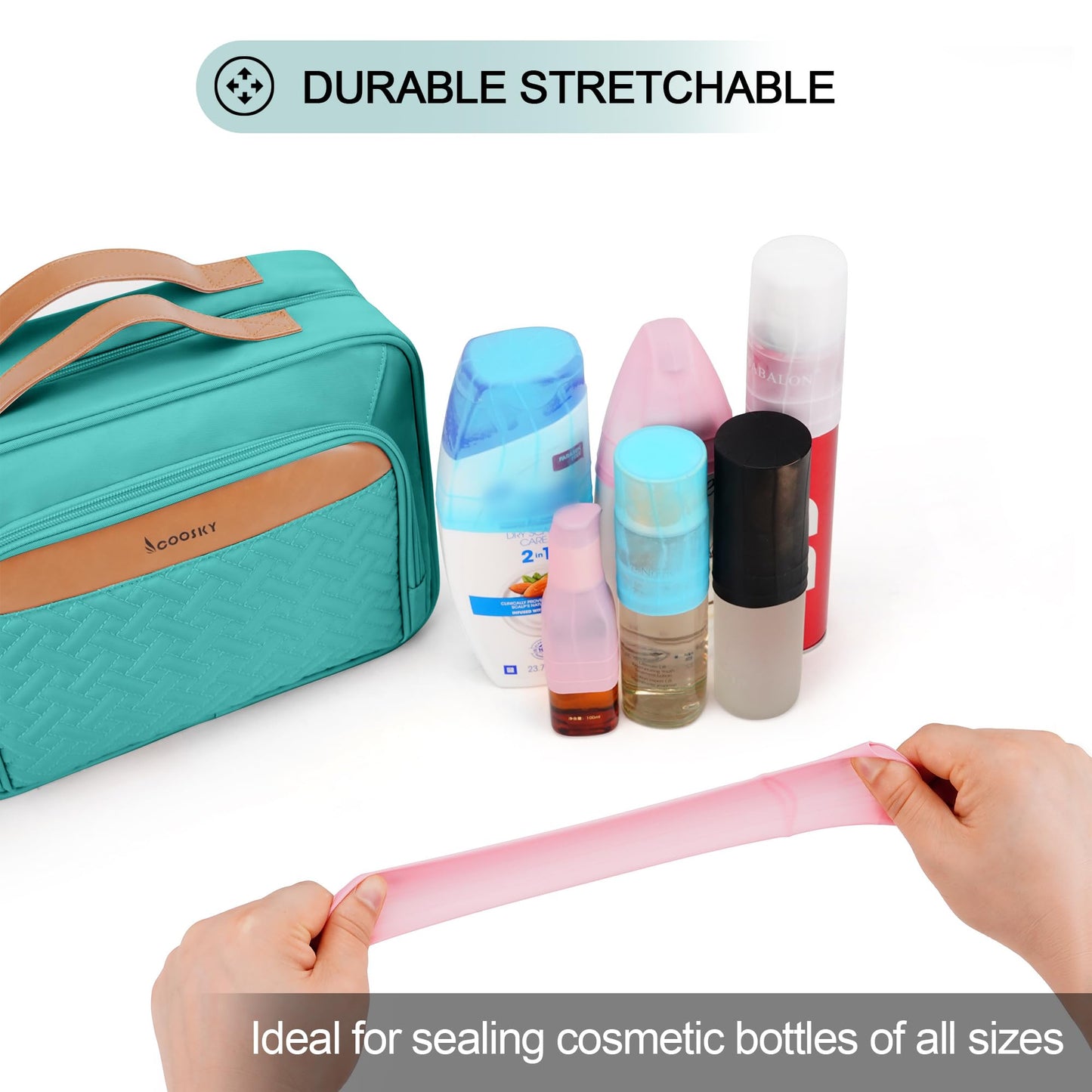 COOSKY Travel Hanging Toiletry Bag for Women, Large Makeup Bag 8 Leak Proofing Silicone Bottle Covers, Waterproof Cosmetic Bag with Jewelry Organizer Compartment, Toiletries Kit Set, Blue