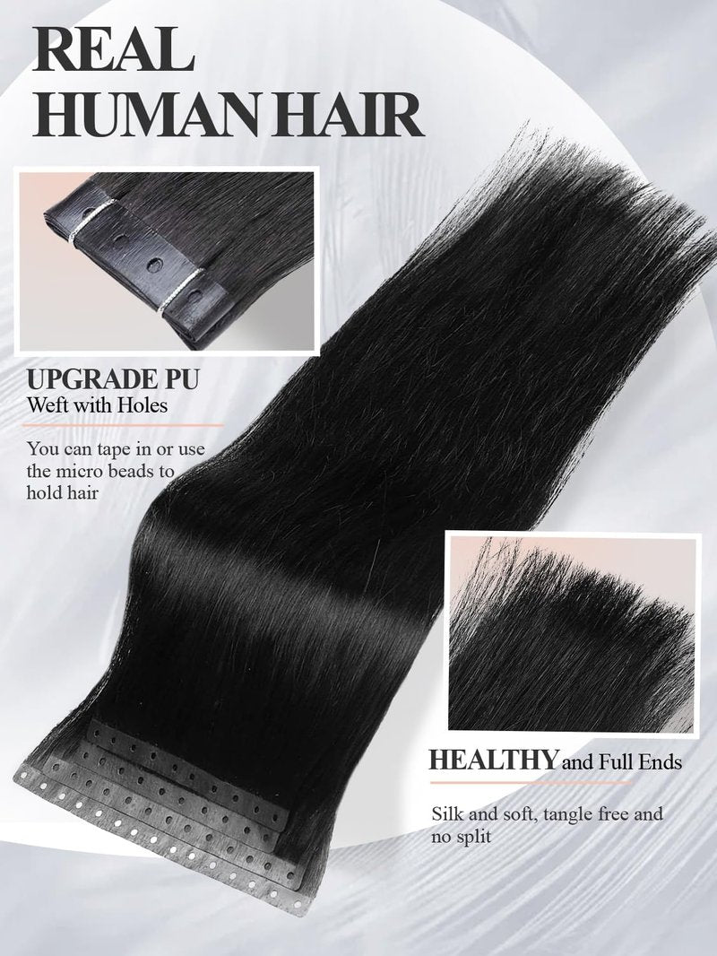 Remy Human Hair Extension Micro Ring PU Hair Extensions Invisible Beaded Weft Hair Extensions Human Hair Tape in Weft in Hair Extension Human Hair for Women Natural Black (30g 4Pcs,14 Inch)