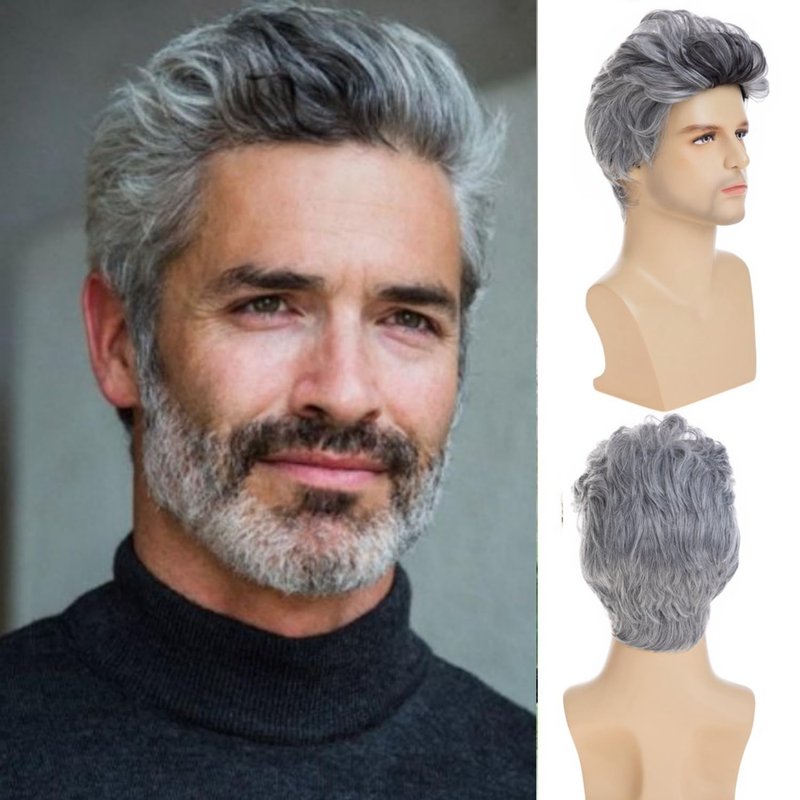 Beweig Men Wigs Short Gray Wig Synthetic Heat Resistant Natural Halloween Cosplay Hair