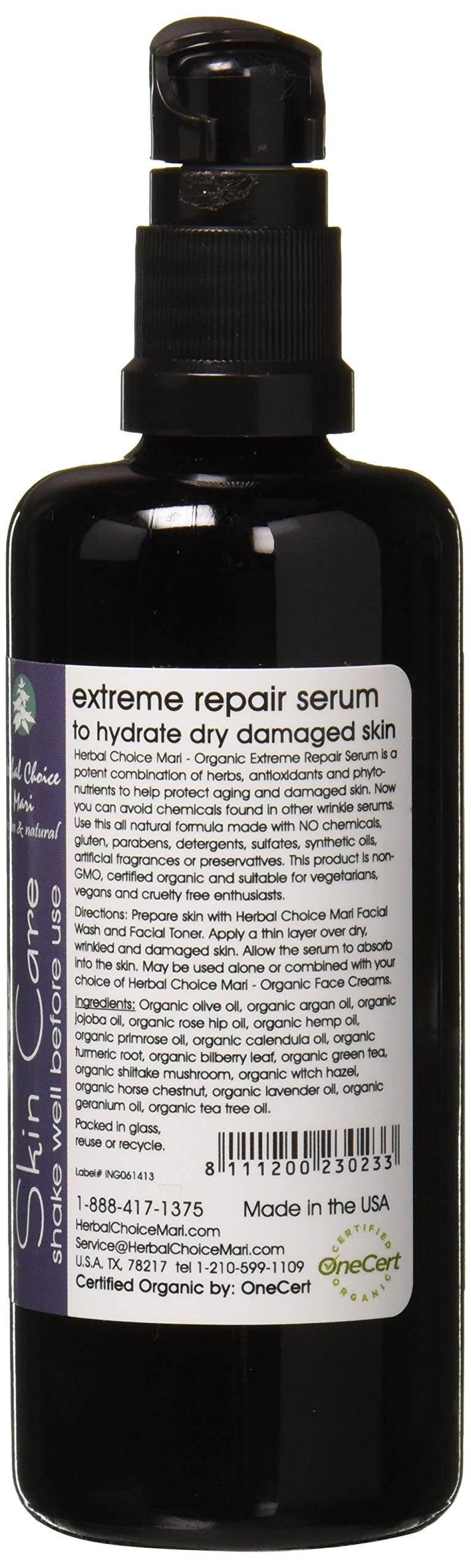 Herbal Choice Mari Organic Extreme Repair Serum, Dry and Damaged Skin; 3.4floz UV Glass