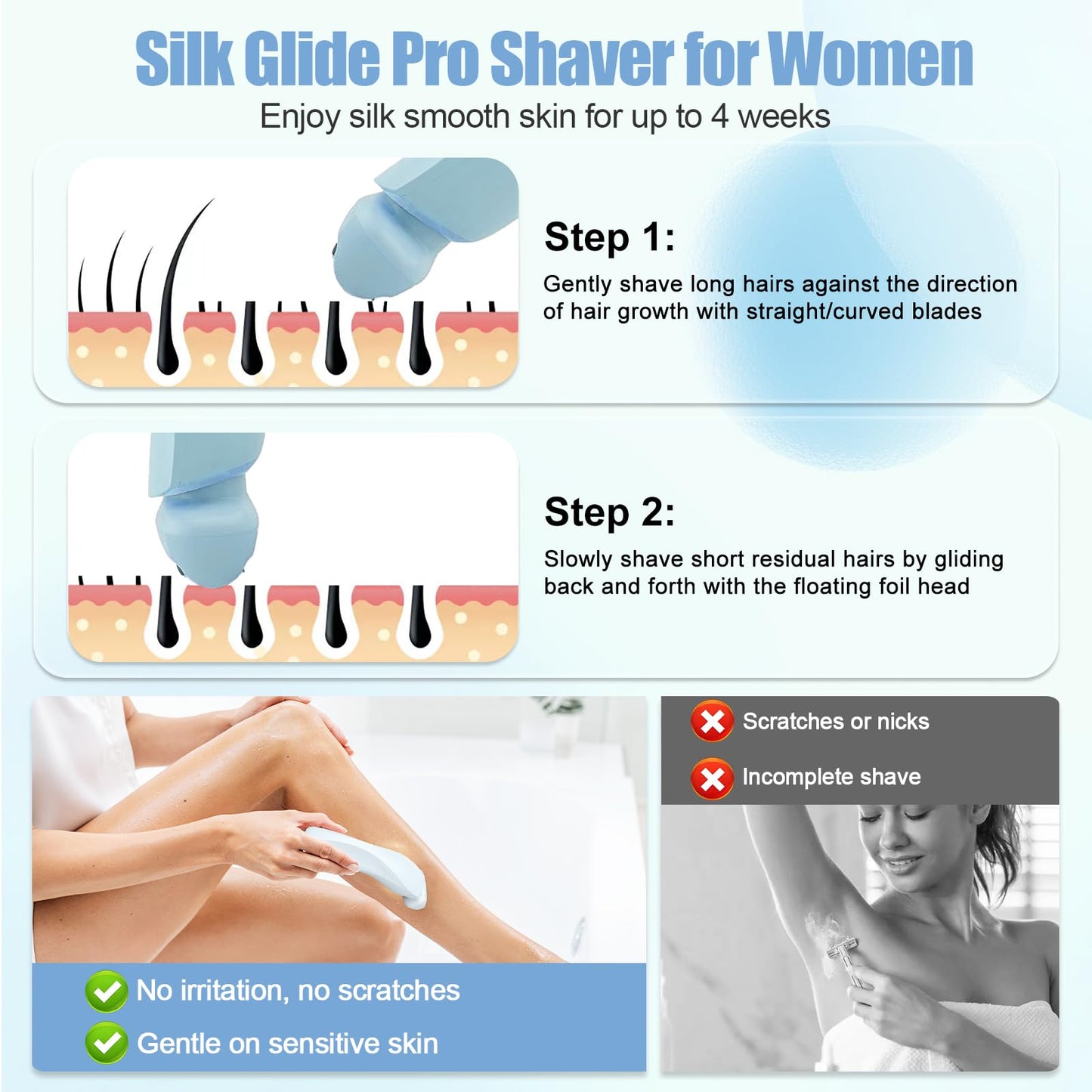 Electric Shaver for Women, SilkGlide Cordless Razor with 2 Removable Heads for Leg Arm Underarm Bikini Area, Painless Hypoallergenic Lady Trimmer, IPX7 Waterproof Wet Dry Use, USB Rechargeable, Blue