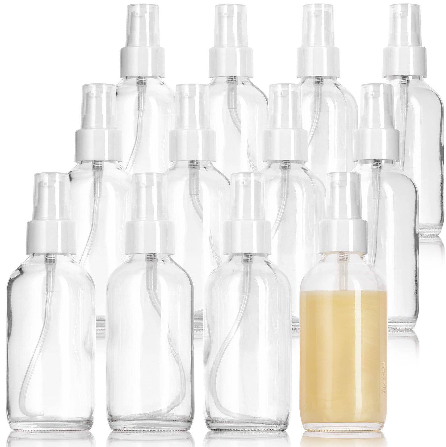 JUVITUS (12 Pack) 4 oz / 120 ml Clear Glass Boston Round Bottle with White Treatment Pump BPA Free Refillable Empty Storage Containers